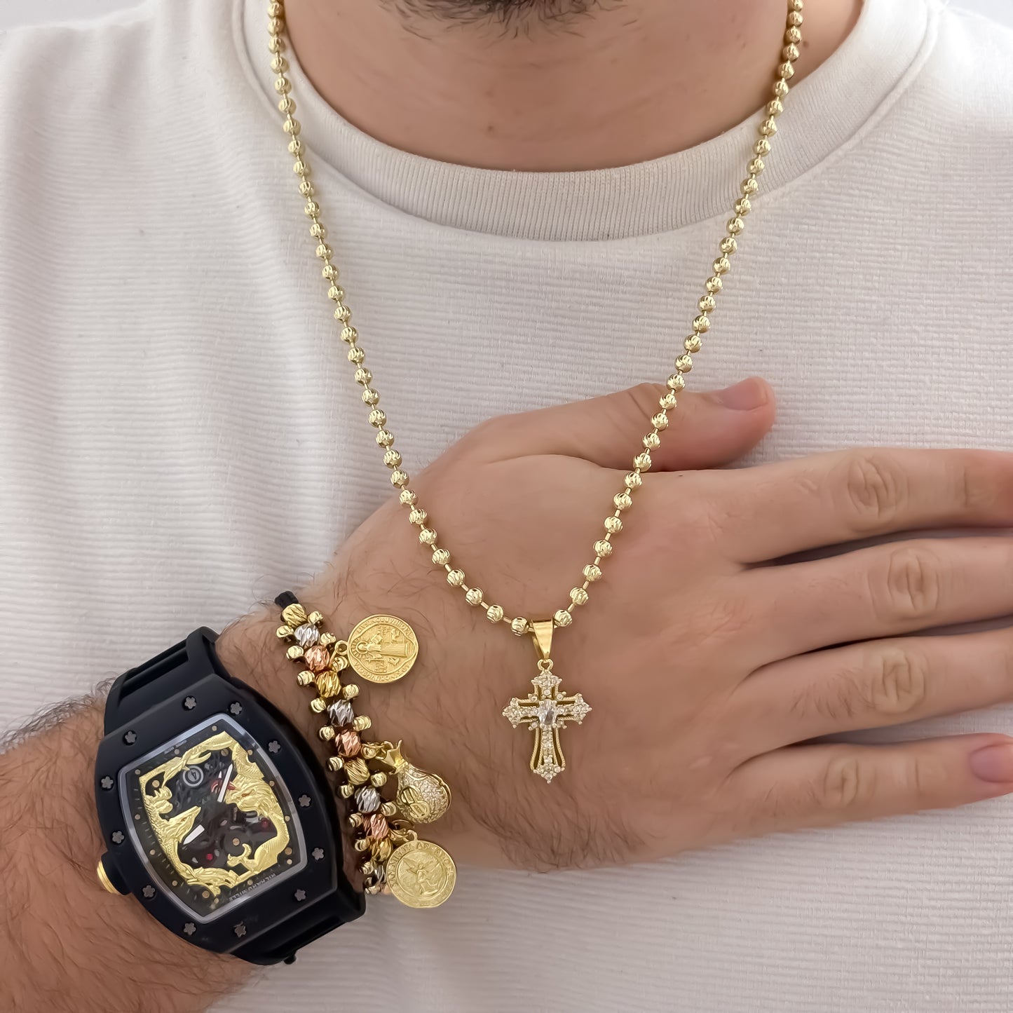 Cadena Tejido Militar Diamantada 60CM + Cruz Trébol con Miro circones + Pulsera Balin Italiano de 3 Oros de Abundancia y Devoción + Reloj Richard Repli1.1