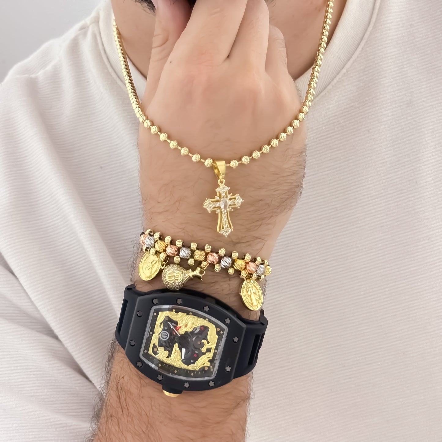 Cadena Tejido Militar Diamantada 60CM + Cruz Trébol con Miro circones + Pulsera Balin Italiano de 3 Oros de Abundancia y Devoción + Reloj Richard Repli1.1