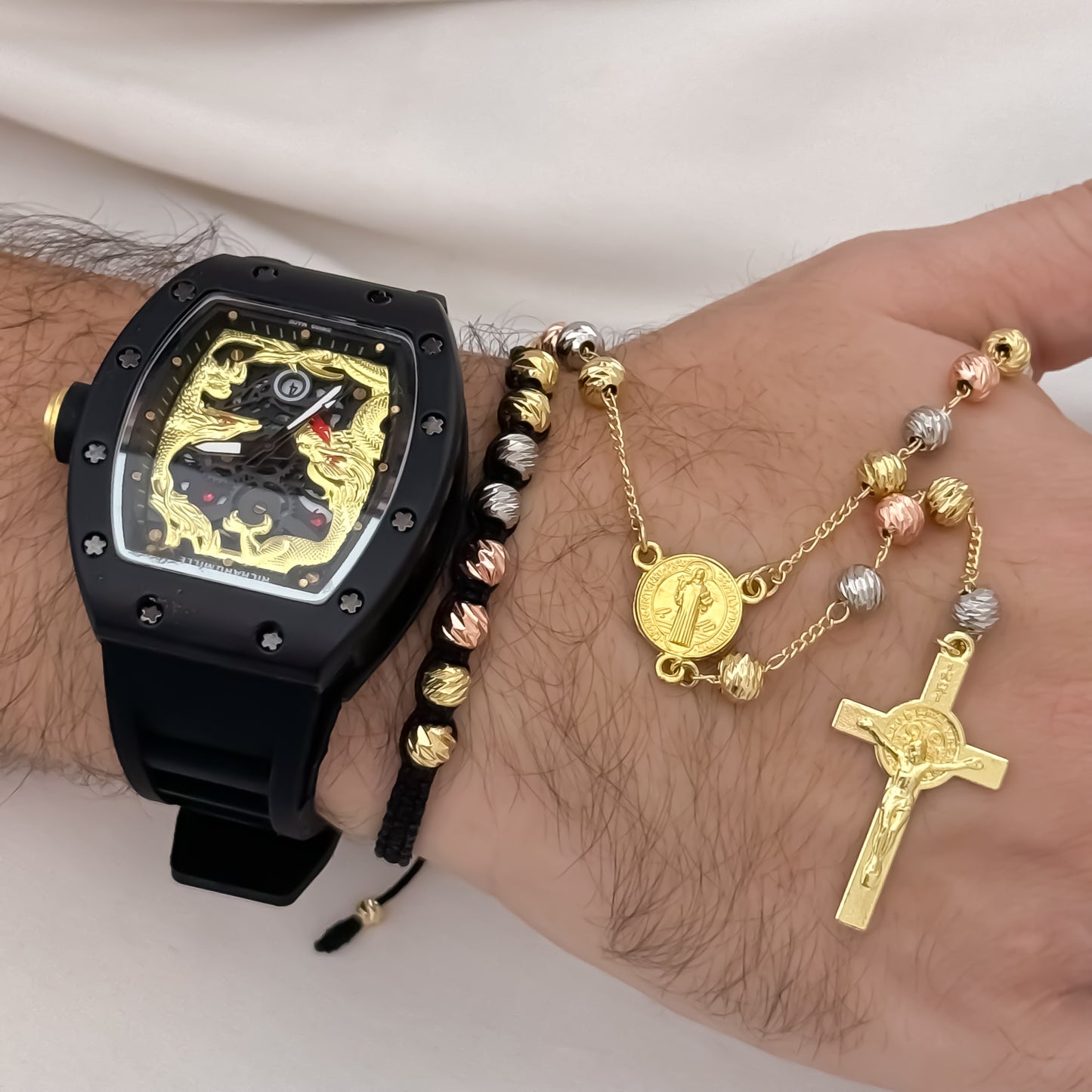 Camándula de San Benito Protección de 60cm de 5mm Balin italiano de 3 Oros + Pulsera Balin italiano en Oro Laminado18k con Garantia de por vida + Reloj Richard