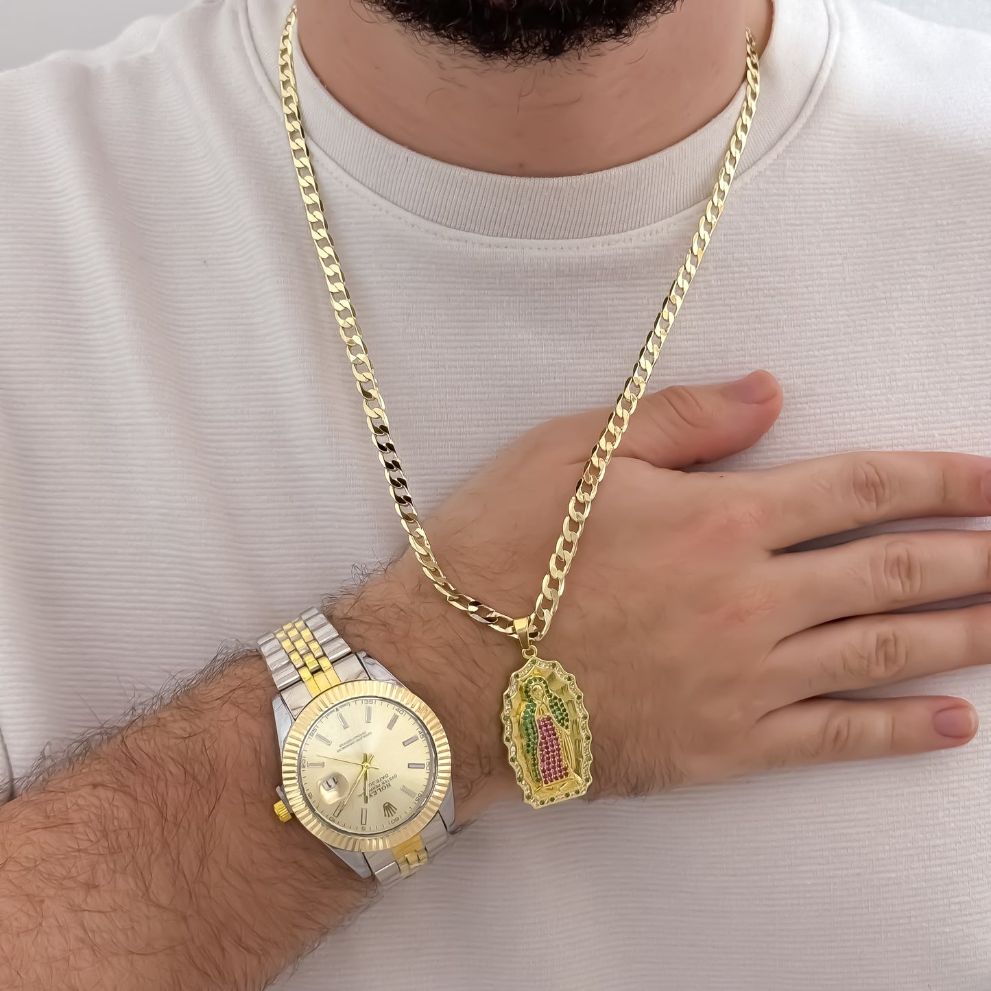 Cadena Tejido Cubana Plana de 60cm de 5mm de Grosor + Virgen de Guadalupe Tallada de Colores en Oro Laminado 18k con Garantia de por vida + Reloj de Canba