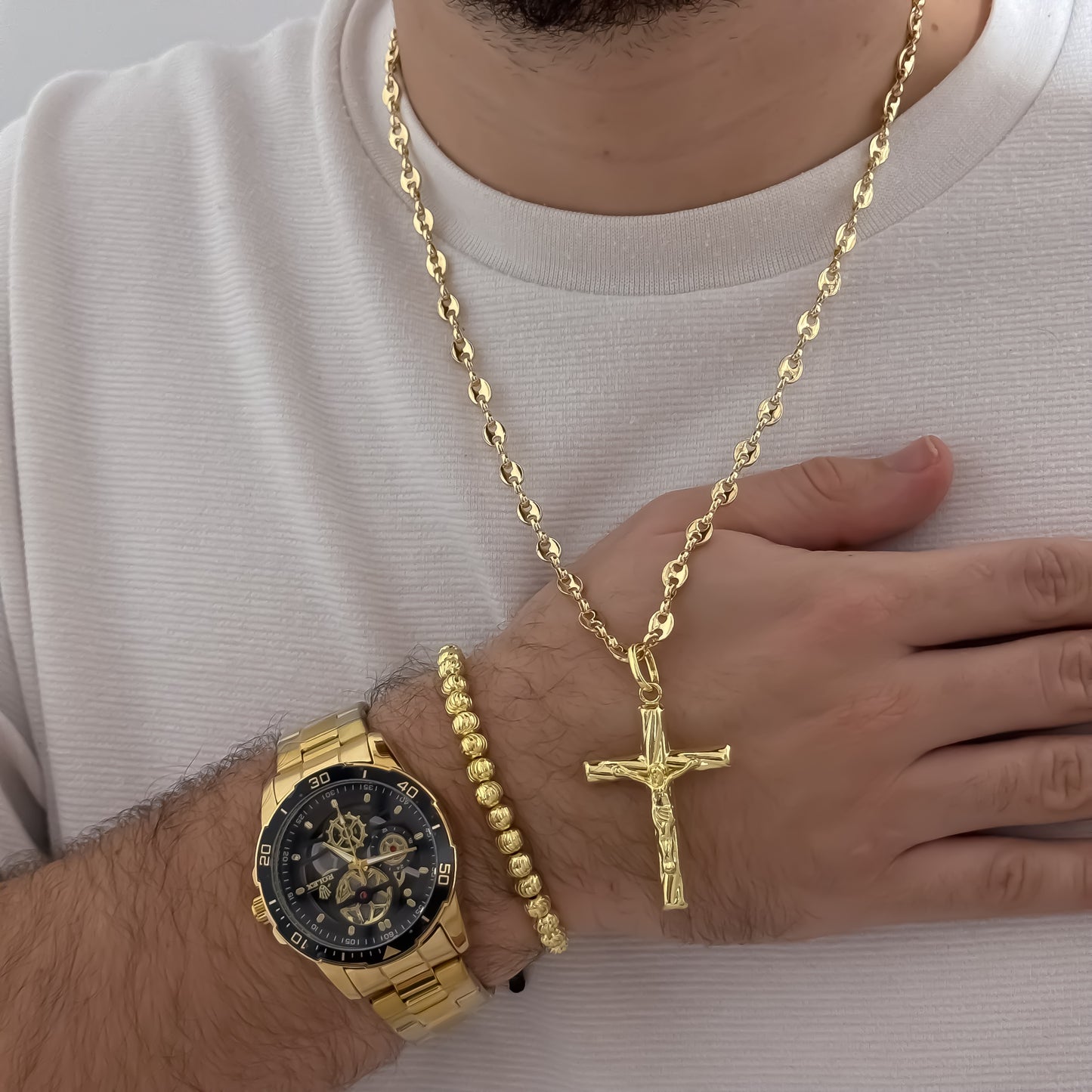 Cadena Tejido Gucci de Hombre de 60cm de 5mm de Grosor + Cruz Cristo Madero Protección + Pulsera Balin Italiano 6mm en Oro Laminado 18k con Garantia de por vida + Reloj Rolex