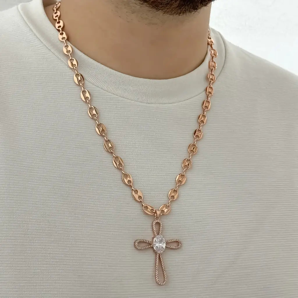 Cadena Tejido Gucci en Oro Rosa + Cruz Trebol Circones en Oro Laminado 18k con Garantia
