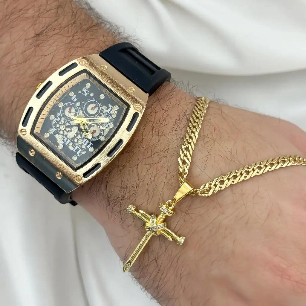 Cadena Cubana Cruzada 60cm-5mm de Grosor Cruz Clavo en Baño de Oro de 18k + Reloj Reloj Richar Mille