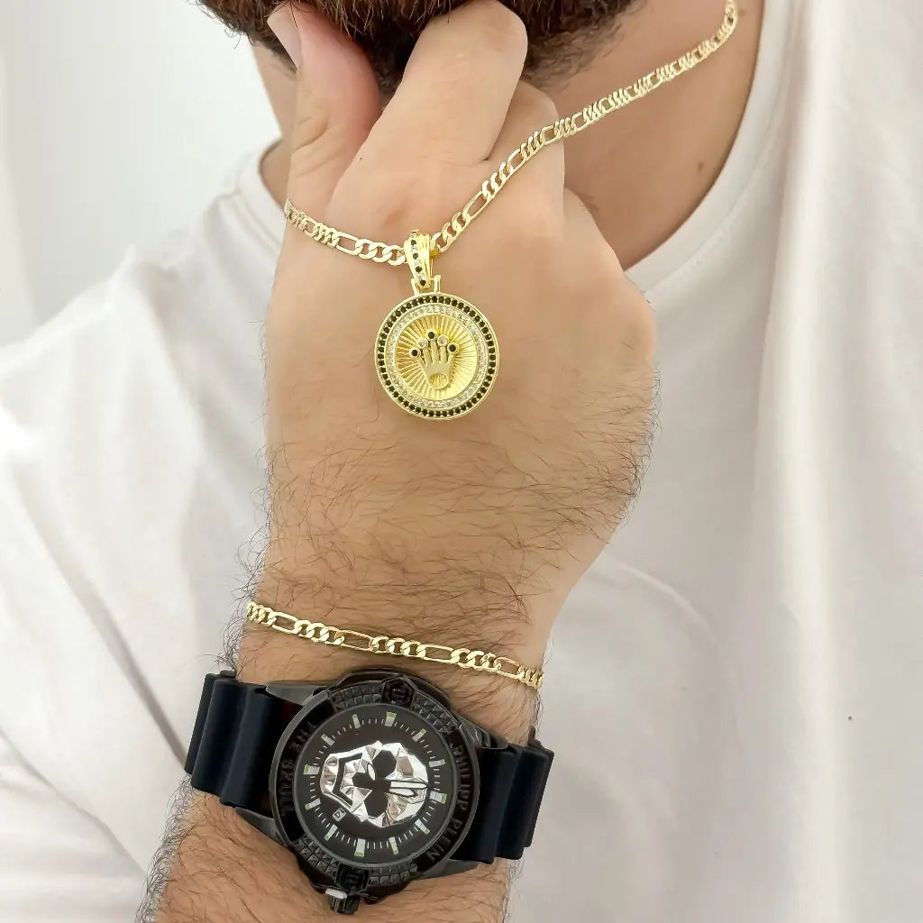 Conjunto Cadena Tejido Cartier 60cm -3mm + Dije de Rolex con Circones + pulseras 20cm-3mm + Reloj Philippe Plein
