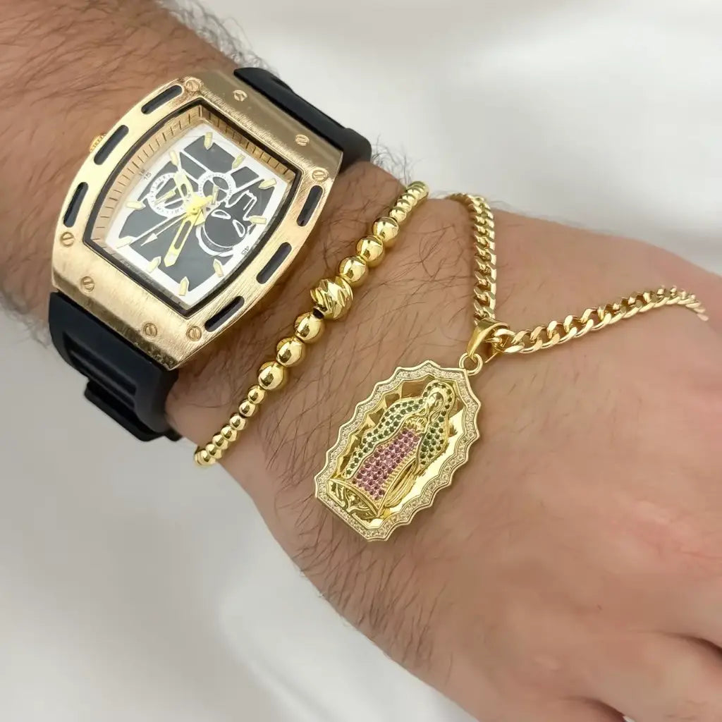 Cadena Cubana de Hombre de 60cm de 3mm de Grosor + Virgen de Guadalupe con Micro circones + Pulsera Full balines de 4mm + Reloj Richar de Alta calida en Oro Laminado 18k con Garantia de por vida