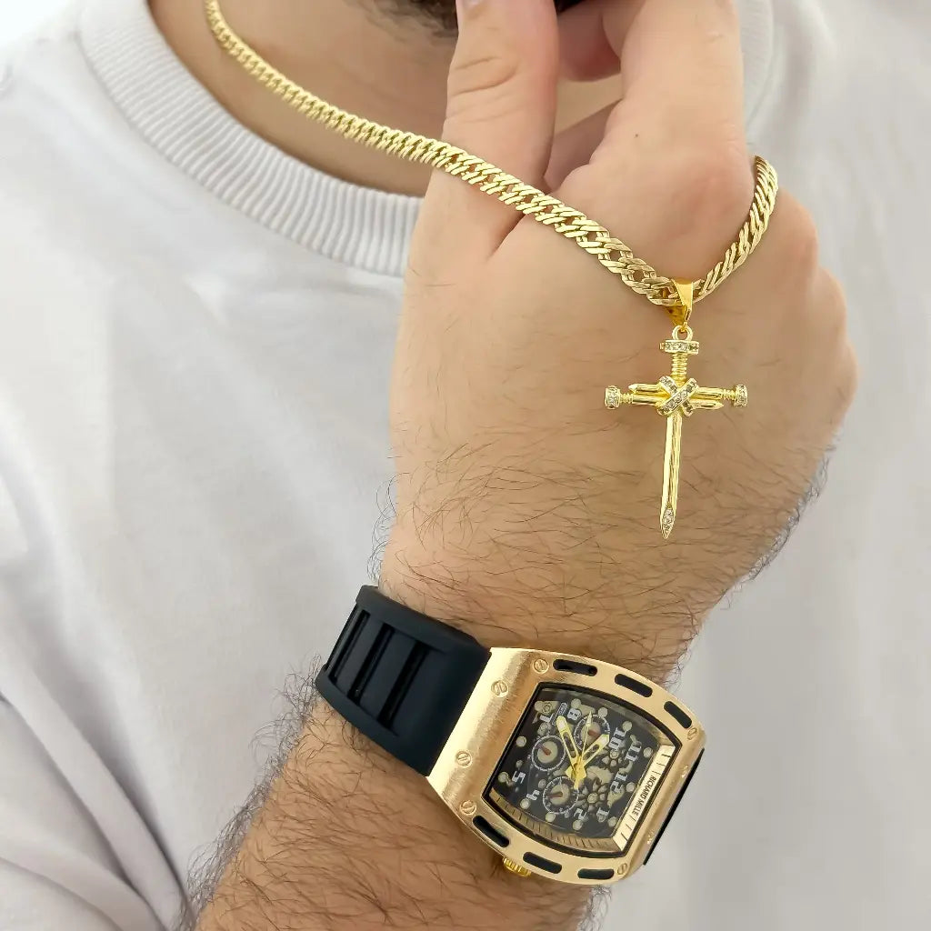 Cadena Cubana Cruzada 60cm-5mm de Grosor Cruz Clavo en Baño de Oro de 18k + Reloj Reloj Richar Mille