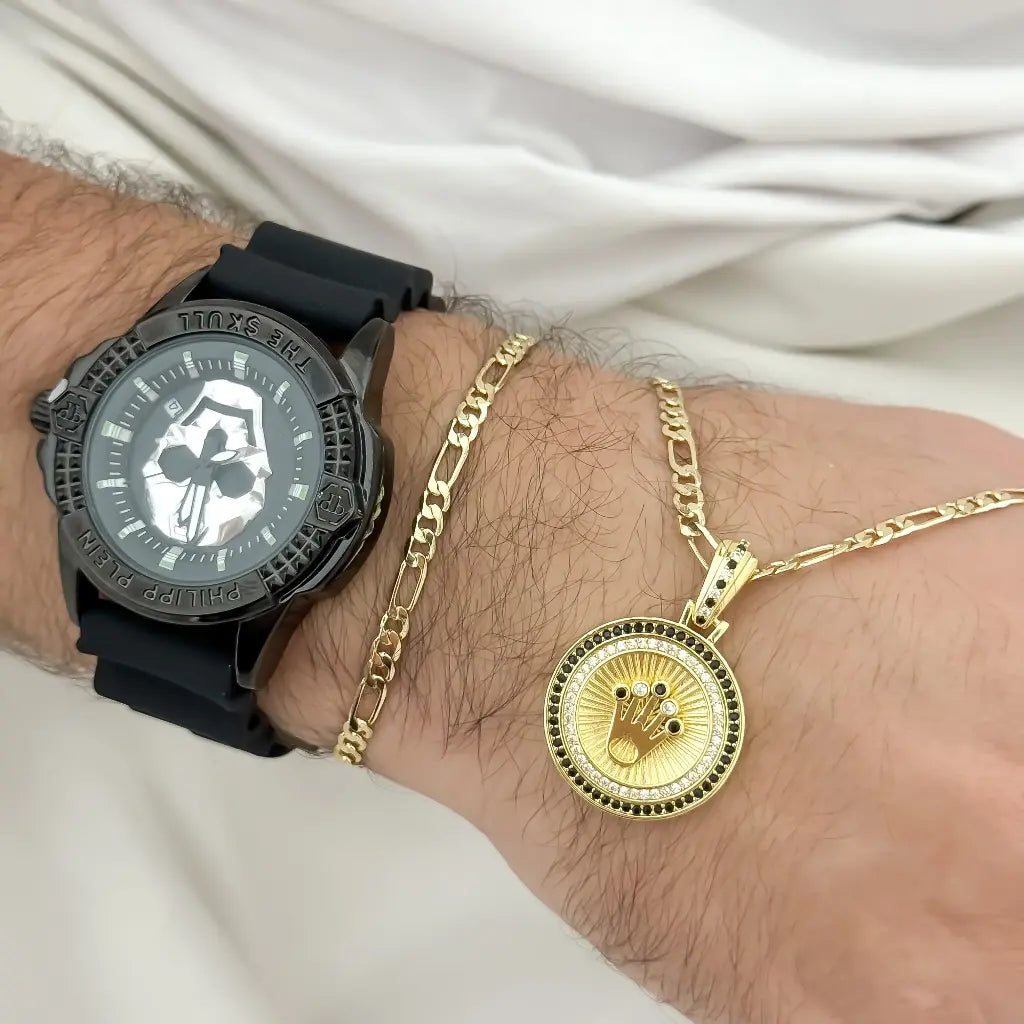Conjunto Cadena Tejido Cartier 60cm -3mm + Dije de Rolex con Circones + pulseras 20cm-3mm + Reloj Philippe Plein