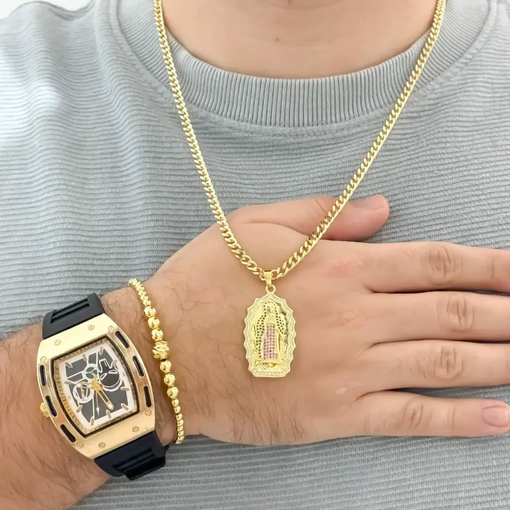 Cadena Cubana de Hombre de 60cm de 3mm de Grosor + Virgen de Guadalupe con Micro circones + Pulsera Full balines de 4mm + Reloj Richar de Alta calida en Oro Laminado 18k con Garantia de por vida