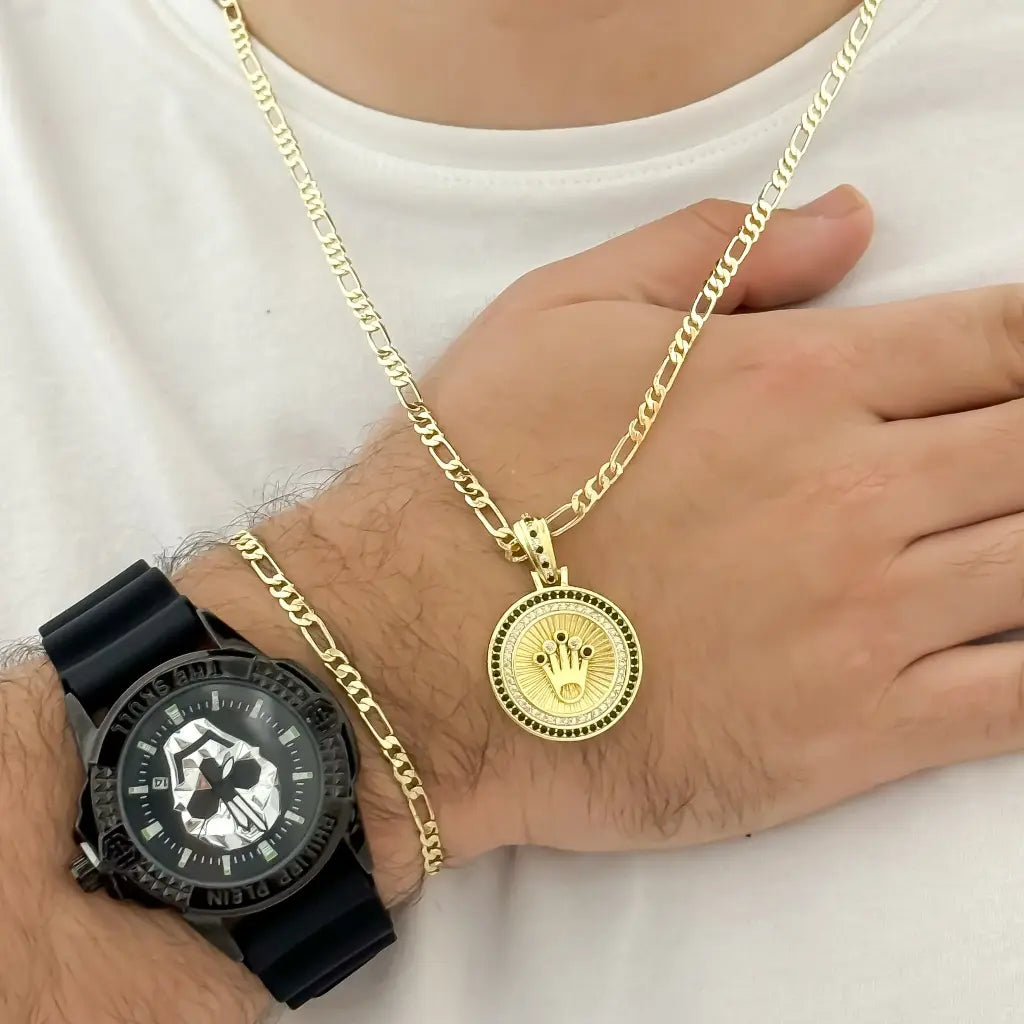 Conjunto Cadena Tejido Cartier 60cm -3mm + Dije de Rolex con Circones + pulseras 20cm-3mm + Reloj Philippe Plein