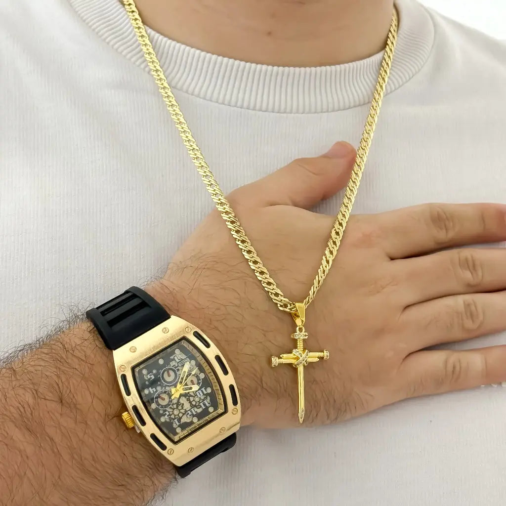 Cadena Cubana Cruzada 60cm-5mm de Grosor Cruz Clavo en Baño de Oro de 18k + Reloj Reloj Richar Mille