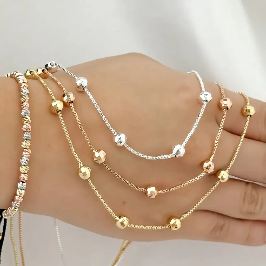 choker de 3 oros en balines + pulsera de balin italiano de 4 mm en Baño de Oro de 14k con Garantia