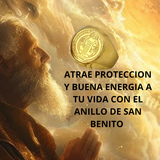 ANILLO DE PROTECCION SAN BENITO EN BAÑO DE ORO 18K CON GARANTIA DE POR VIDA