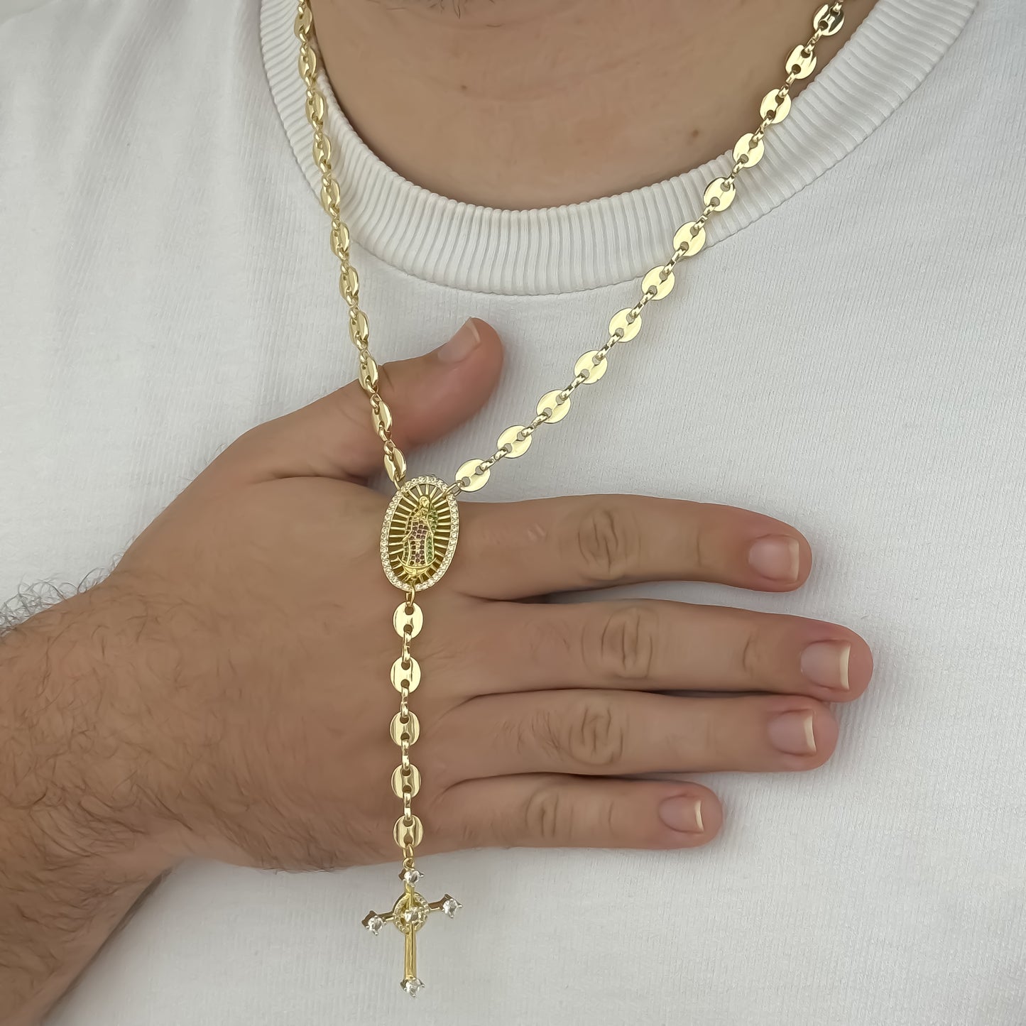 Camandula Tejido Gucci con Virgen de Guadalupe en Circones en Baño de Oro de 18k con Garantia