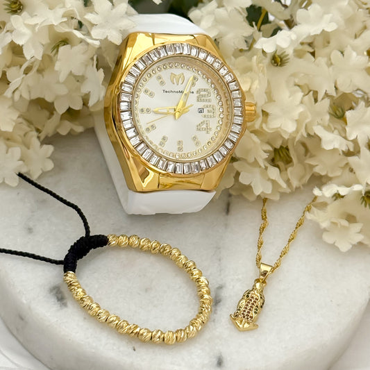 Juego Cadena Tejido Singapur + Virgen Guadalupe  + Pulsera Balin 4mm en Baño de Oro de 18k con Garantia de por vida + reloj Tecno Marin