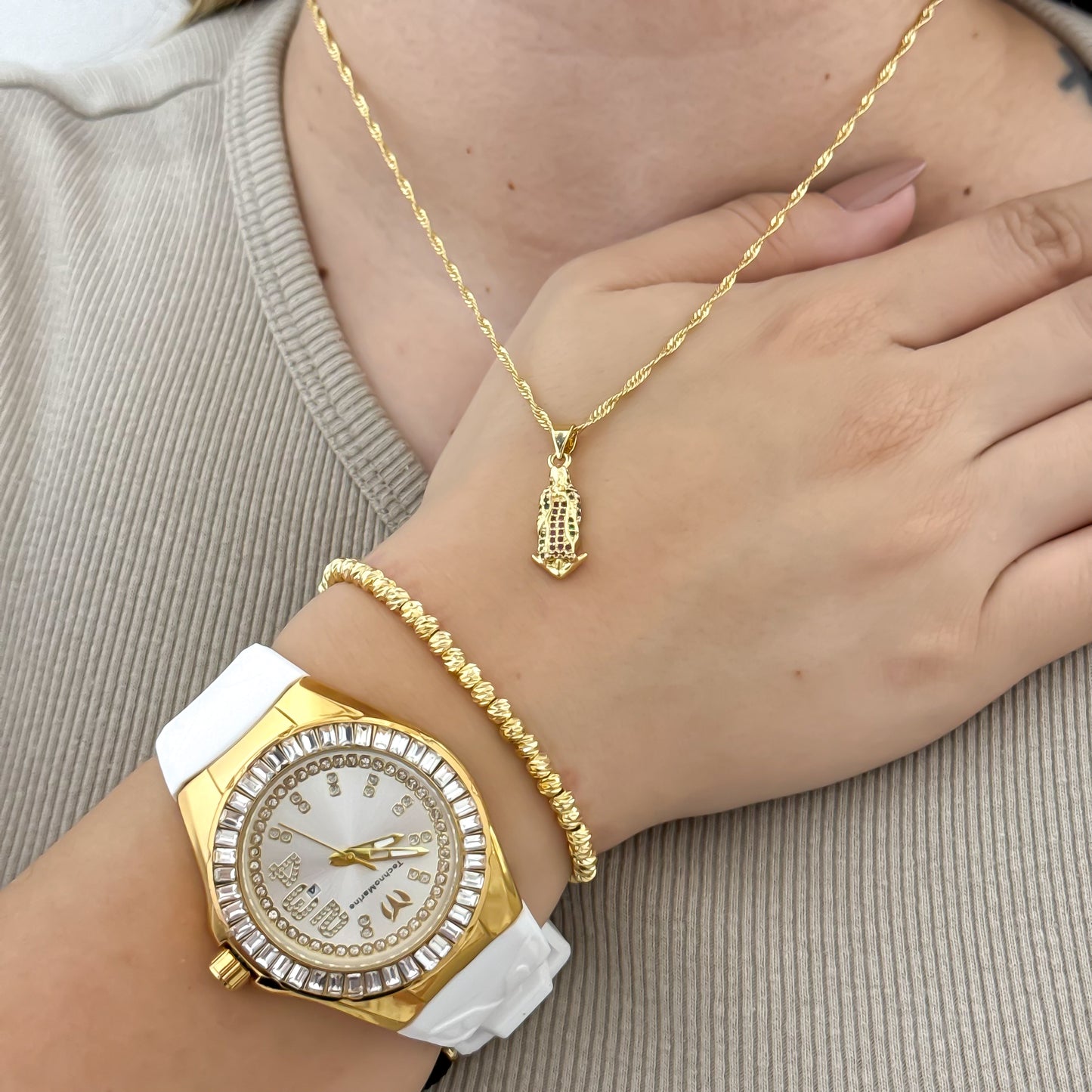 Juego Cadena Tejido Singapur + Virgen Guadalupe  + Pulsera Balin 4mm en Baño de Oro de 18k con Garantia de por vida + reloj Tecno Marin