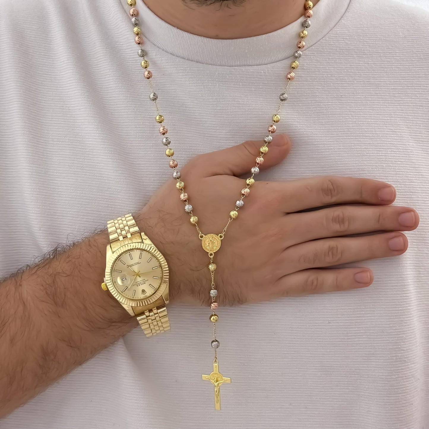 Juego de Camandula San Benito de 3 Oros  en Balin Italiano de 60cm de 6mm en Oro Laminado 18k con Garantía de por vida + Reloj  Rolex de Hombre 1.1