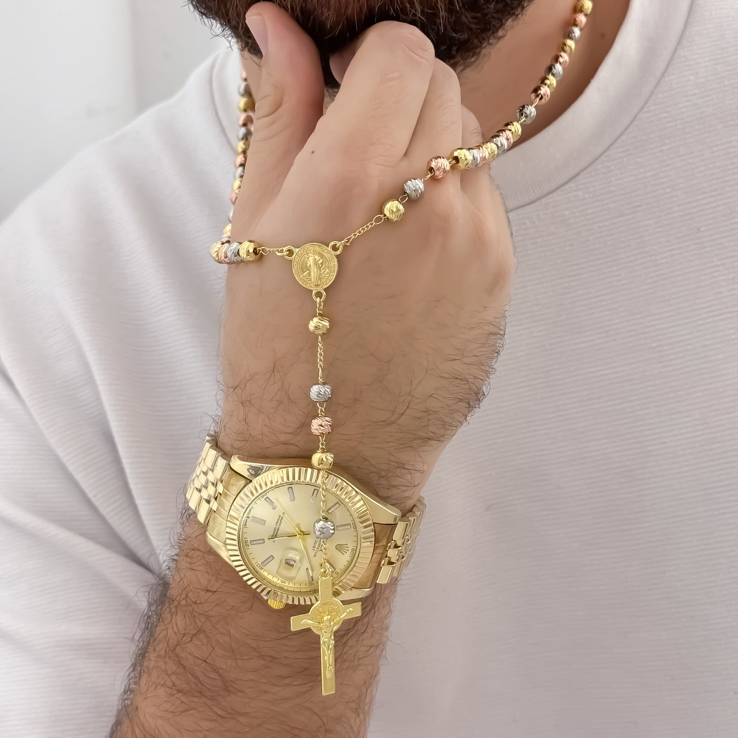 Juego de Camandula San Benito de 3 Oros  en Balin Italiano de 60cm de 6mm en Oro Laminado 18k con Garantía de por vida + Reloj  Rolex de Hombre 1.1