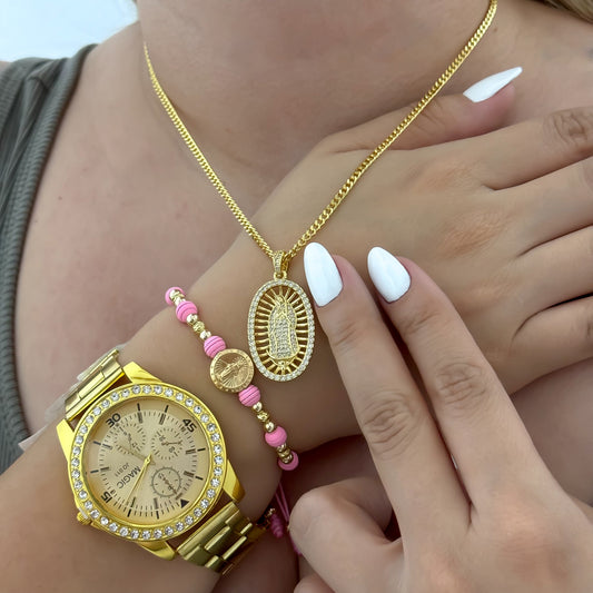 Conjunto Cadena Cubana 45cm + Virgen Guadalupe con circones + Manilla virgen Guadalupe en Baño de Oro 18k con Garantia de por vida + Reloj Guess + Envio Gratis