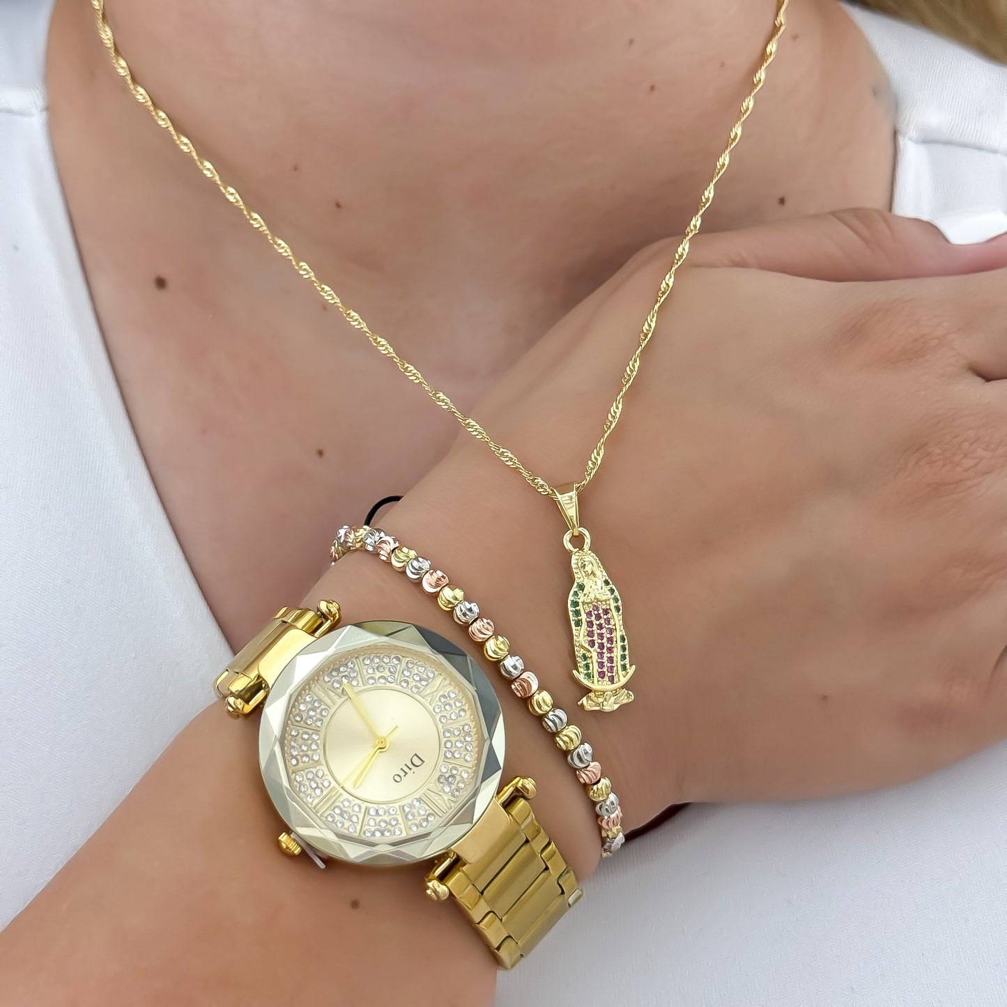 Juego de Cadena Tejido Singapur + Virgen Guadalupe con Circones + Pulsera Balin 4mm balin Italiano en 3 Oros en Baño de Oro 18k + Reloj Dior con Garantia