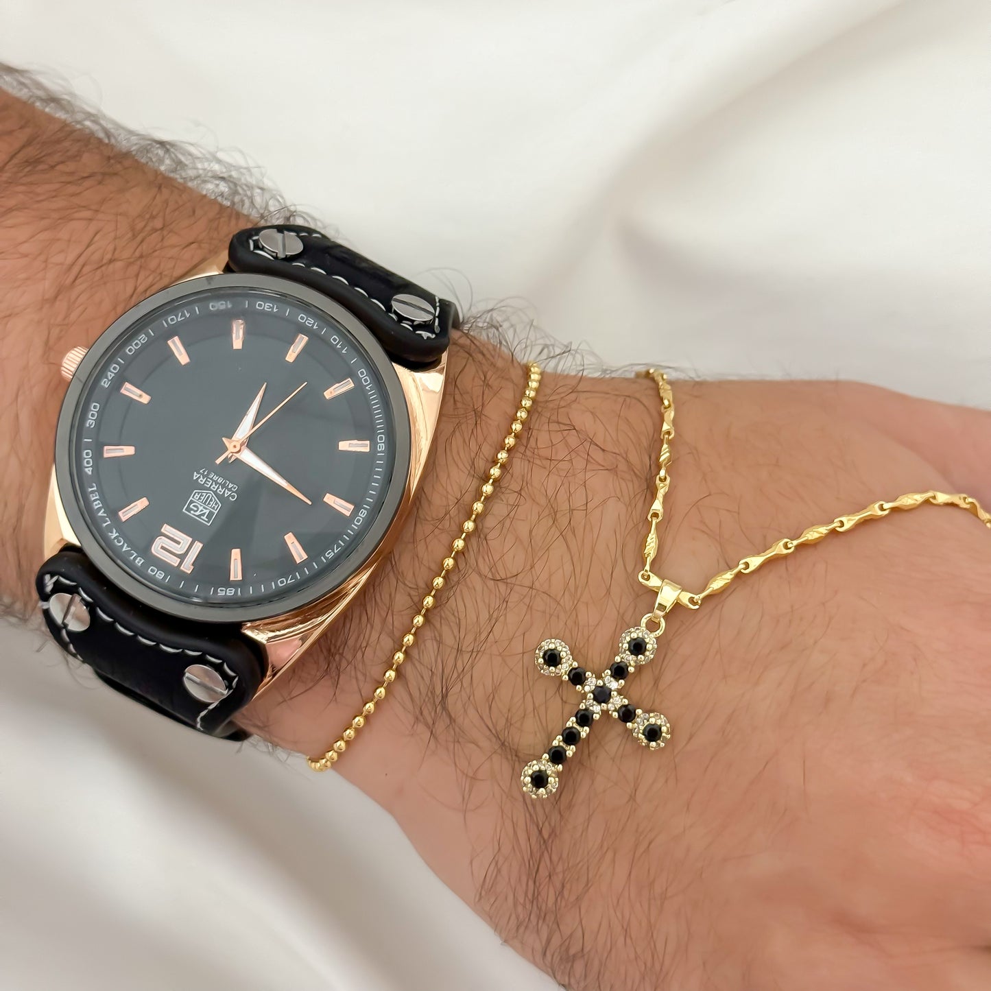 Cadena Tejido Canotillo 60cm + Cruz Cristo Negro + Pulsera Militar en Baño de Oro de 18k  Reloj Carrera