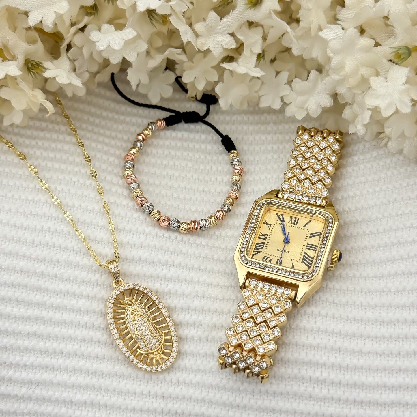 Juego de Cadena Crispeta+ Virgen Guadalupe con Circones + Pulsera de 3 oros 4mm Balin italiano 3 oro + Reloj tipo Catier de alta cama ama en baño de oro con garantia