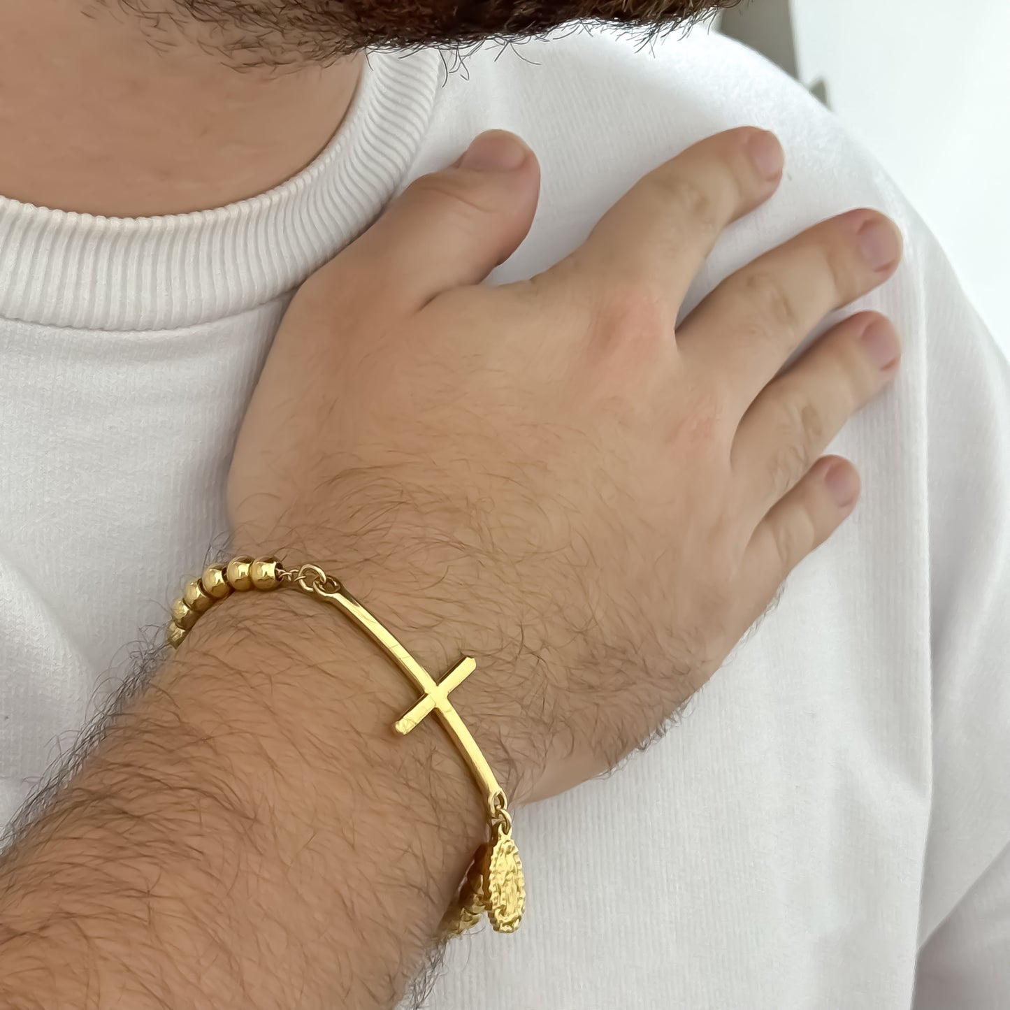 Pulsera Balin Cruz + Virgen de Guadalupe en Baño de Oro de 14k con Garantia de por vida