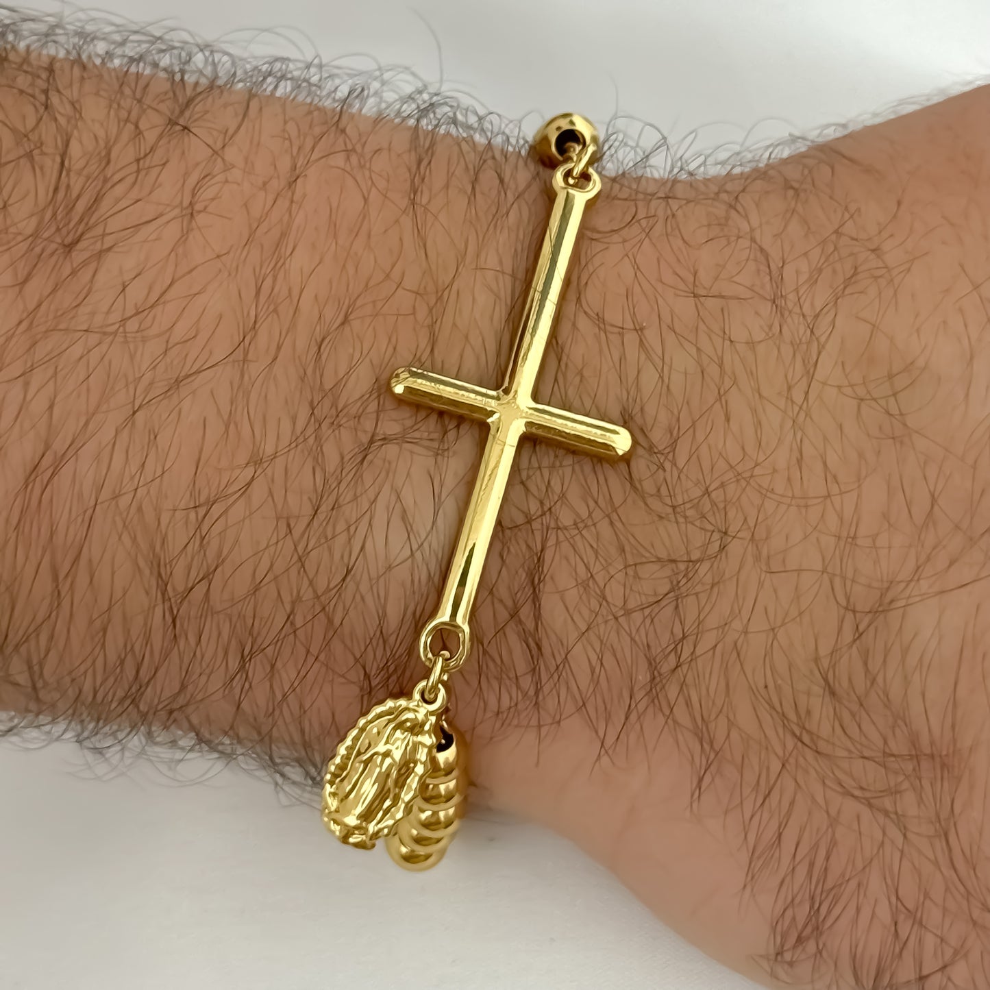 Pulsera Balin Cruz + Virgen de Guadalupe en Baño de Oro de 14k con Garantia de por vida