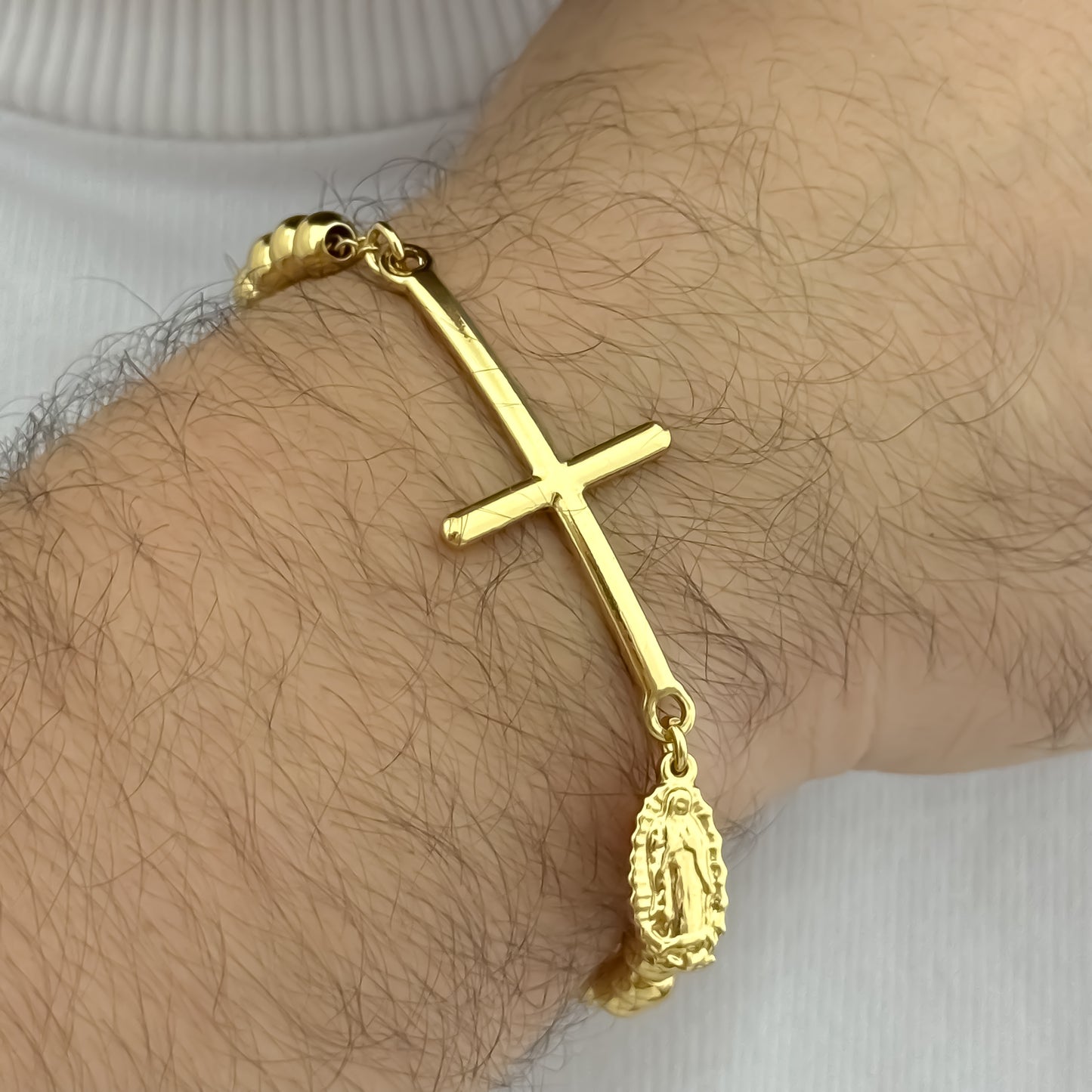 Pulsera Balin Cruz + Virgen de Guadalupe en Baño de Oro de 14k con Garantia de por vida