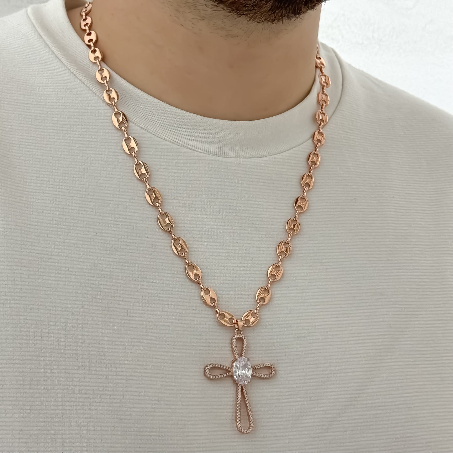 Cadena Tejido Gucci en Oro Rosa + Cruz Trebol Circones en Oro Laminado 18k con Garantia