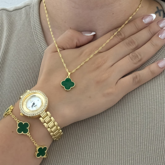 Conjunto de la Buena Suerte Cadena + Pulsera  Trebol + Reloj en Baño de Oro de 18k con Garantia de por Vida