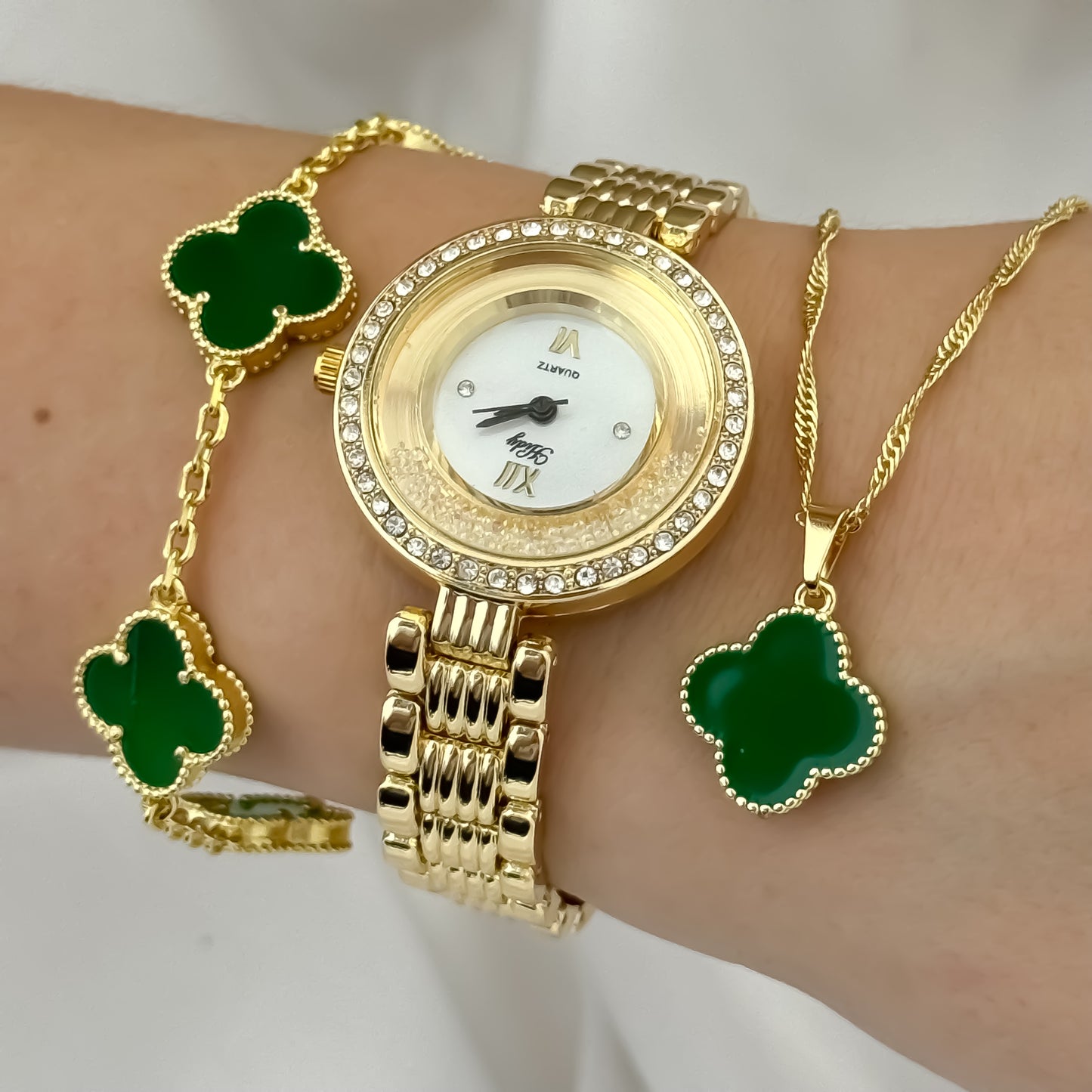 Conjunto de la Buena Suerte Cadena + Pulsera  Trebol + Reloj en Baño de Oro de 18k con Garantia de por Vida