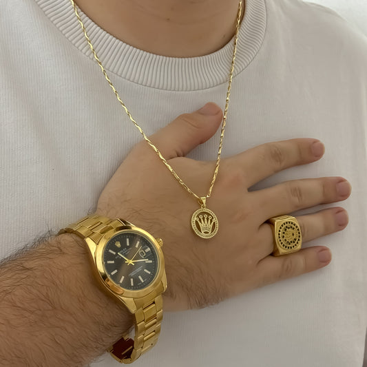 Conjunto Rolex para Caballero Cadena 60cm + Dije Rolex +  Anillo Rolex + Reloj Rolex en Baño de Oro de 18k con Garantia