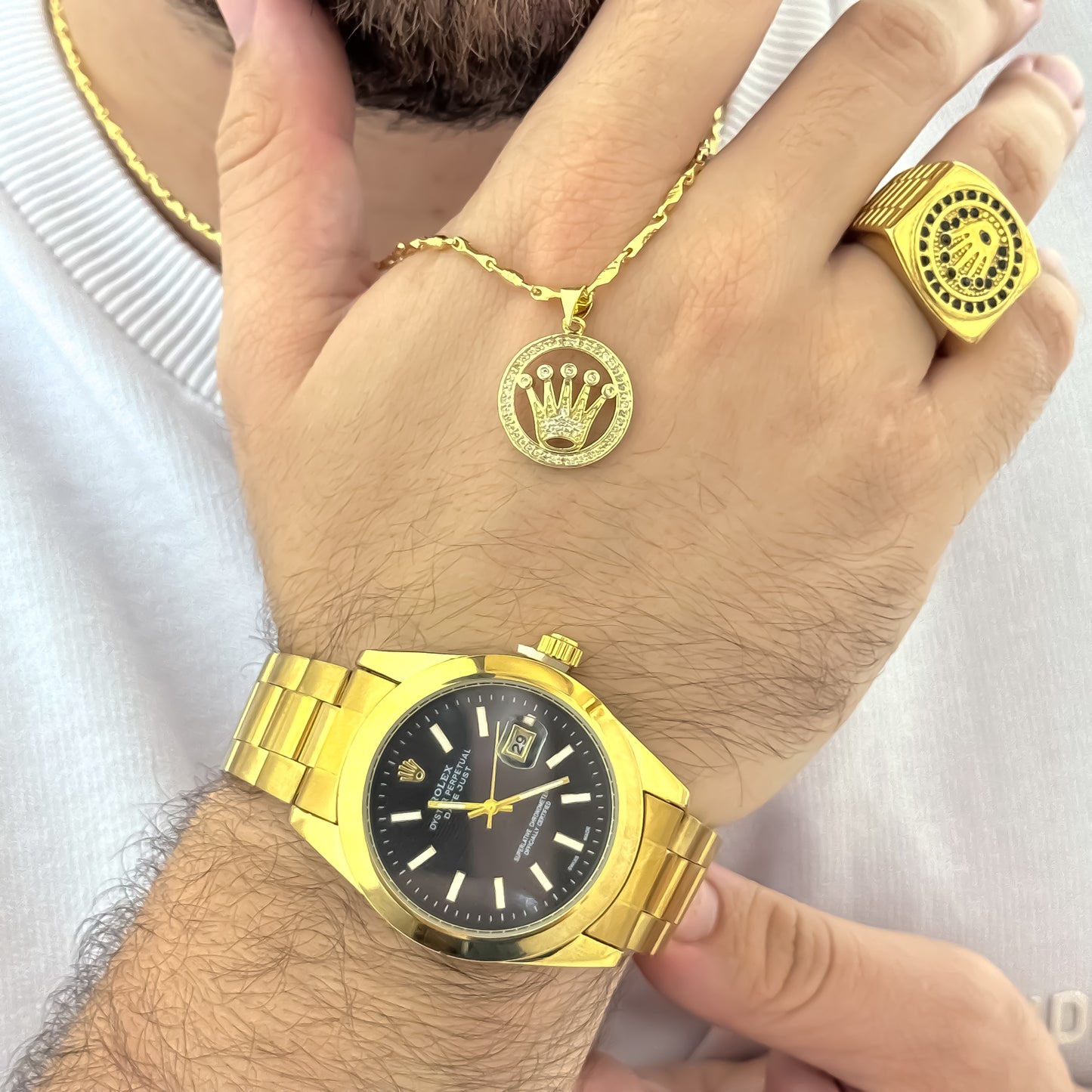 Conjunto Rolex para Caballero Cadena 60cm + Dije Rolex +  Anillo Rolex + Reloj Rolex en Baño de Oro de 18k con Garantia