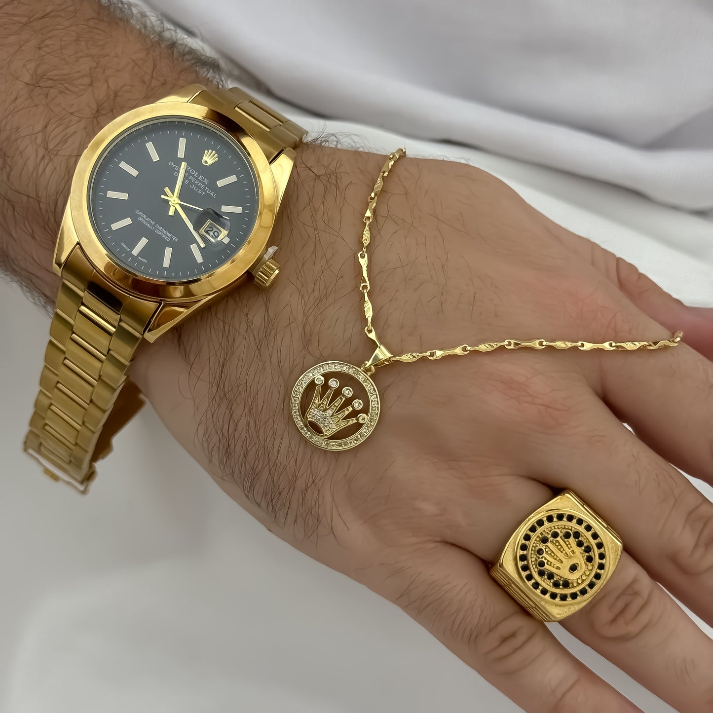 Conjunto Rolex para Caballero Cadena 60cm + Dije Rolex +  Anillo Rolex + Reloj Rolex en Baño de Oro de 18k con Garantia