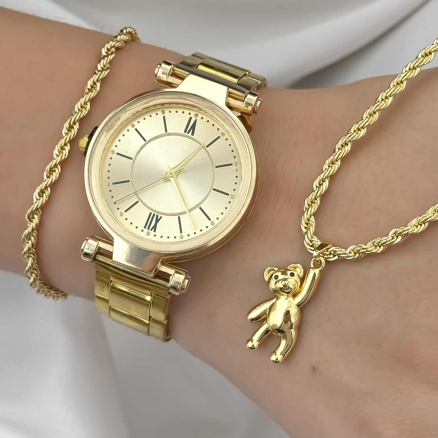 CONJUNTO LAZO PARA DAMA CADENA + OSO TEDY + PULSERA + RELOJ EN BAÑO DE ORO DE 18K CON GARANTIA