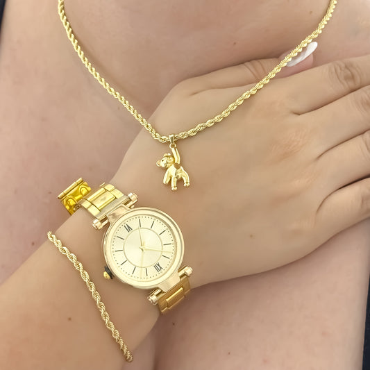 CONJUNTO LAZO PARA DAMA CADENA + OSO TEDY + PULSERA + RELOJ EN BAÑO DE ORO DE 18K CON GARANTIA