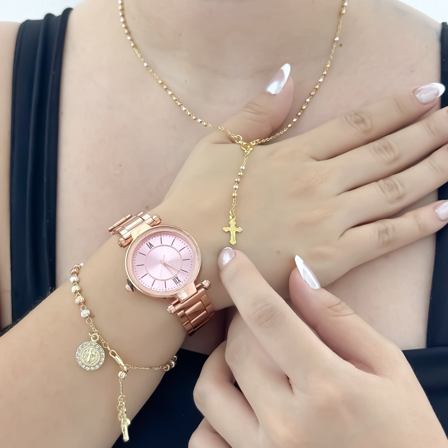 Conjunto para Dama  de 3 Oros Camándula + Denarios en baño de oro de 18k + Reloj en Oro Rosa