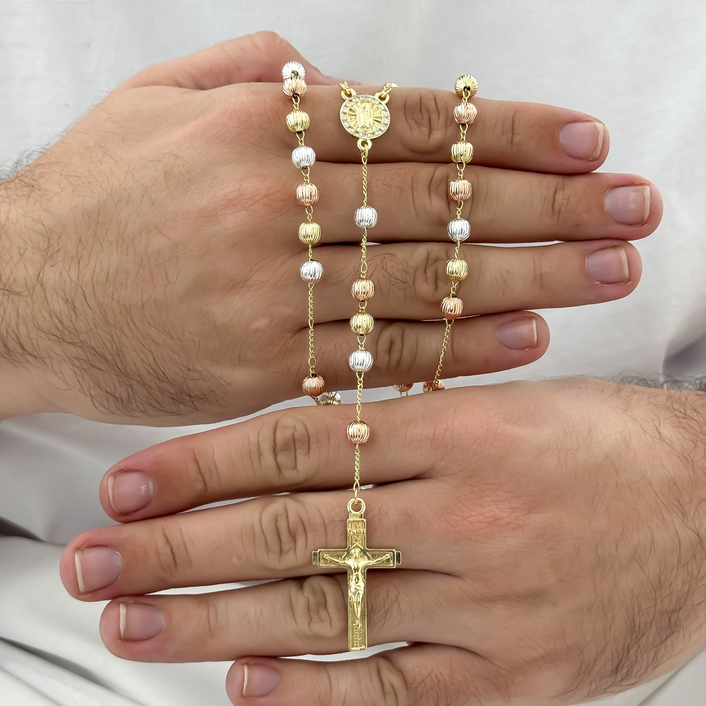 CAMANDULAS DE VIRGEN MILAGROSA DE 3 OROS CON BALIN DIAMANTADO 8MM  EN BAÑO DE ORO DE 18K CON GARANTIA