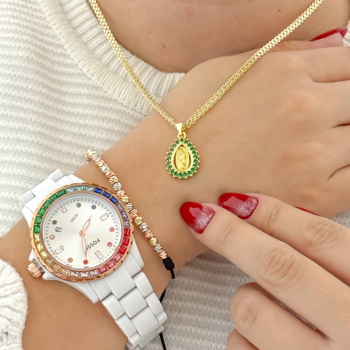 conjunto cadena Tejido chino + Virgen Guadalupe Circones de Colores + Pulsera Balin 4mm en baño de oro de 18k + Reloj de Dama Fosil Con Garantia