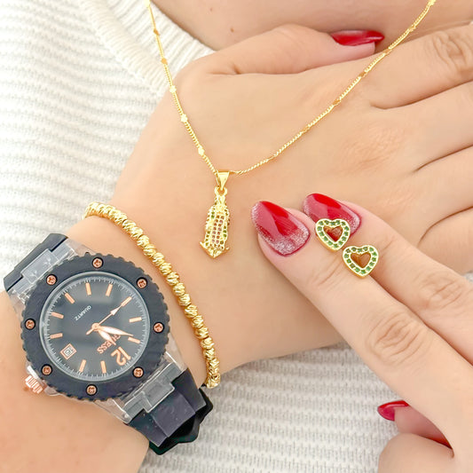 Conjunto cadena Tejido Cubana Corazón  + Virgen Guadalupe Circones de Colores + Pulsera Balin 4mm + Topos Corazon Verde en baño de oro de 18k + Reloj de Dama Guess Con Garantia