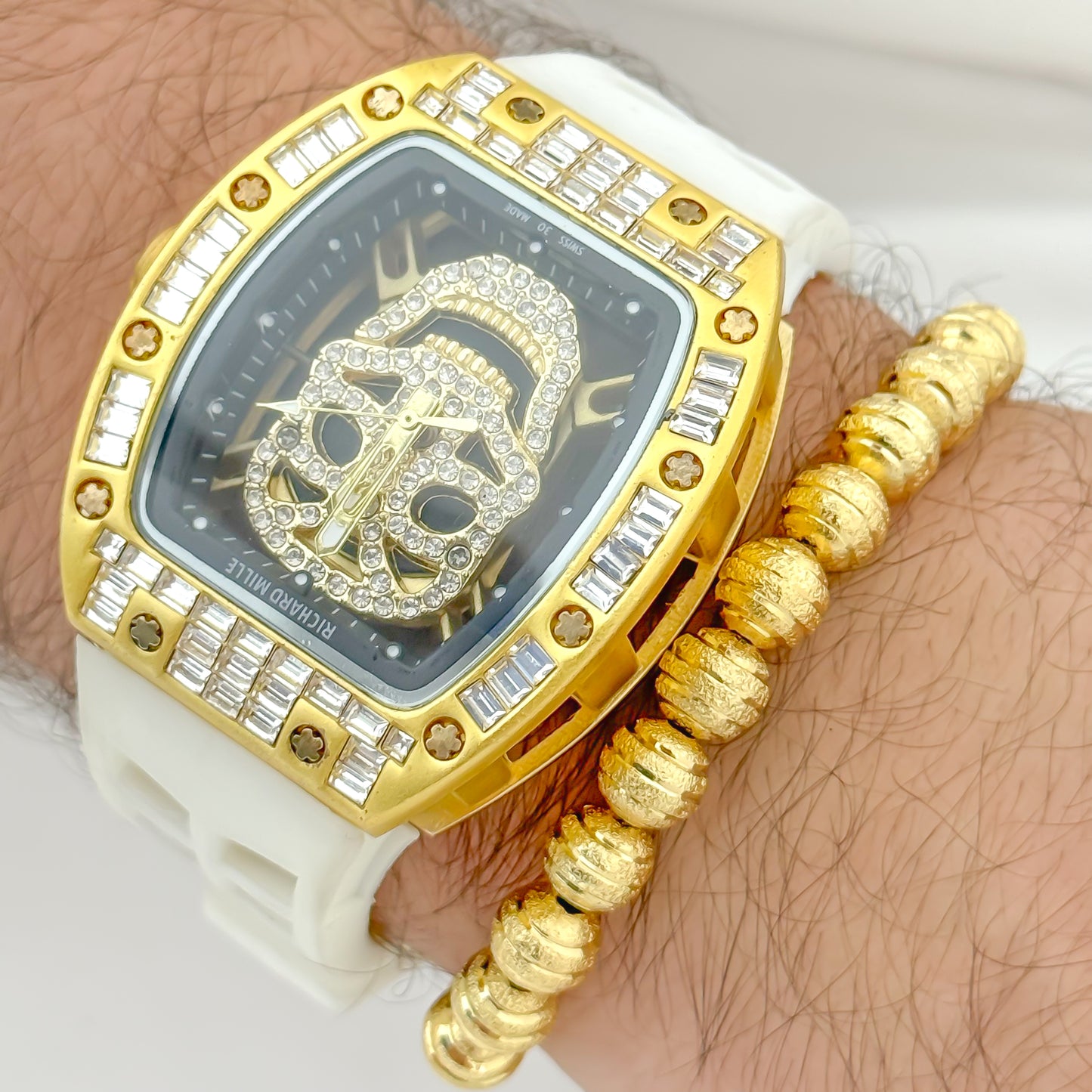 RELOJ RICHAR MILLE EN ORO AMARILLO  + PULSERA  BALIN DIAMANTADO  8MM EN BAÑ0 DE ORO DE 18K ,