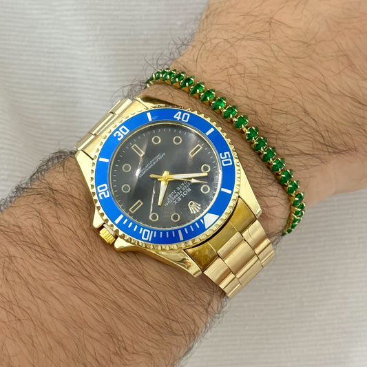 RELOJ ROLEX  ORO AMARILLO + PULSERA TENNIS VERDE ESMERALDA  EN BAÑ0 DE ORO DE 18K ,