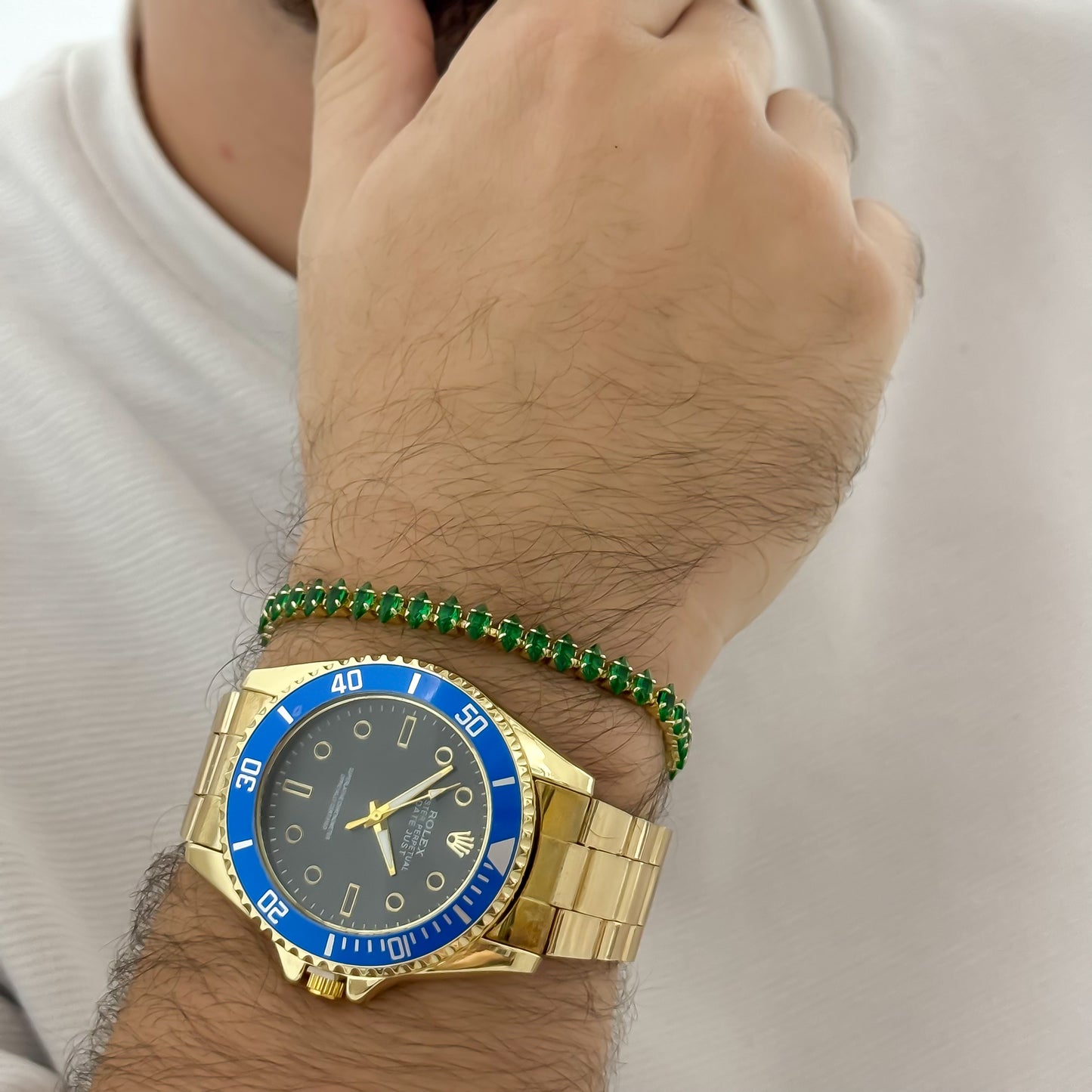 RELOJ ROLEX  ORO AMARILLO + PULSERA TENNIS VERDE ESMERALDA  EN BAÑ0 DE ORO DE 18K ,