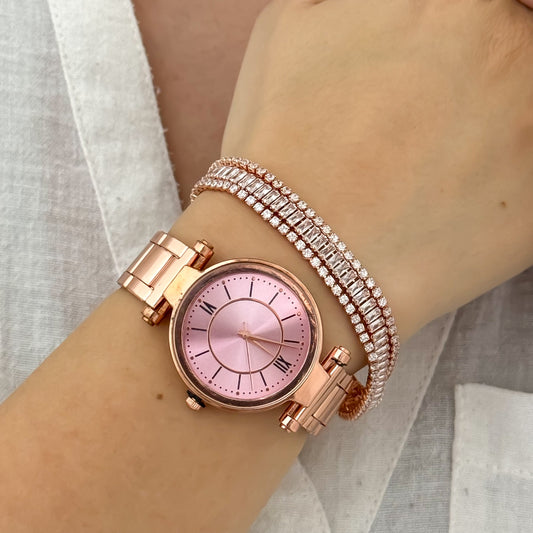 RELOJ PARA DAMA EN ORO ROSA +PULSERA TENNIS CON CIRCONES ORO ROSA EN  BAÑO DE ORO 18K CON GARANTIA