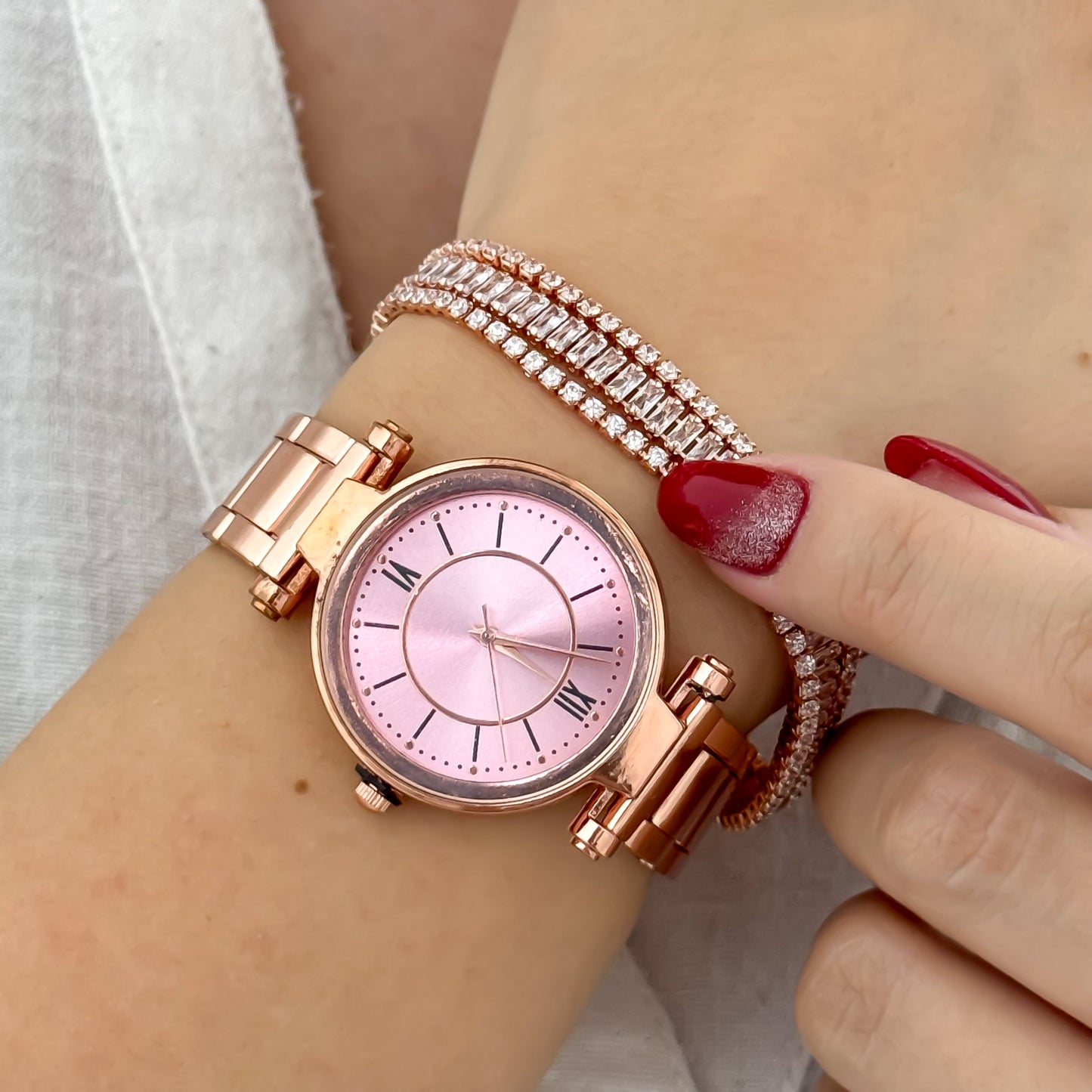 RELOJ PARA DAMA EN ORO ROSA +PULSERA TENNIS CON CIRCONES ORO ROSA EN  BAÑO DE ORO 18K CON GARANTIA