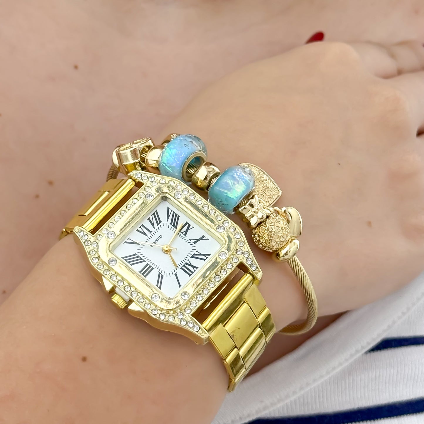 PULSERA PANDORA EN BAÑO ORO DE 18K CON GARANTIA  + RELOJ TIPO CATIER