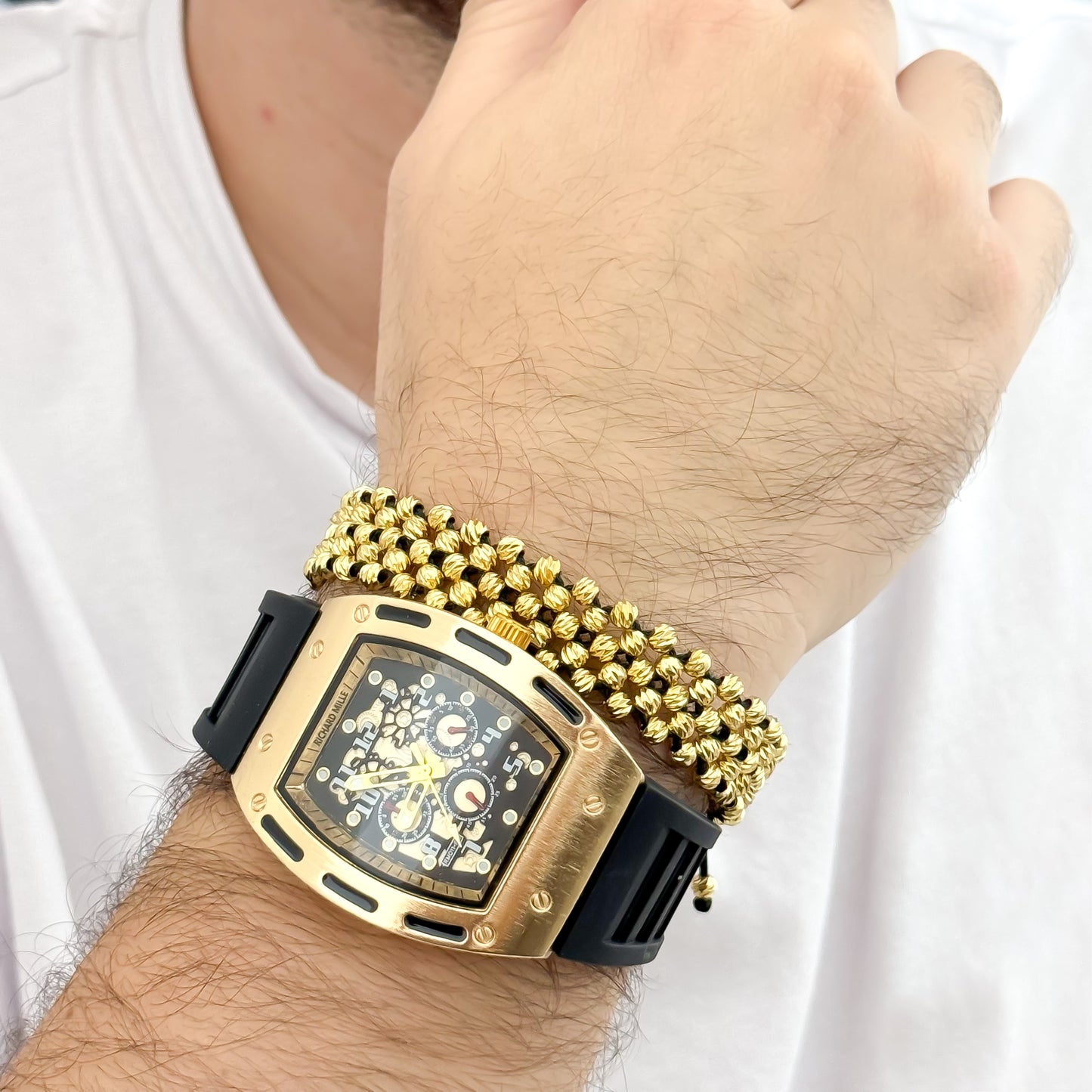 RELOJ  RICHARD MILLE EN ORO AMARILLO + PULSERA BALIN DIAMANTADO 4MM 5 CARRILES EN BAÑO DE ORO DE 18K