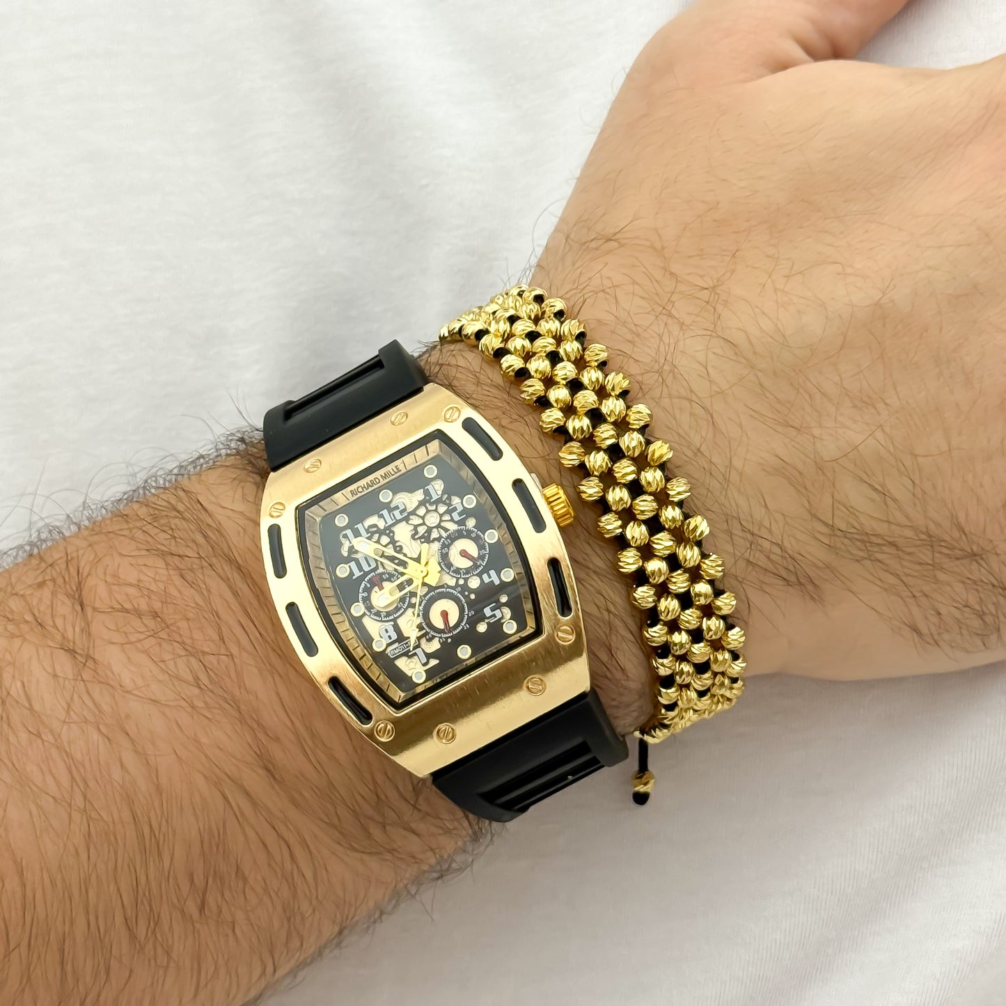 RELOJ  RICHARD MILLE EN ORO AMARILLO + PULSERA BALIN DIAMANTADO 4MM 5 CARRILES EN BAÑO DE ORO DE 18K