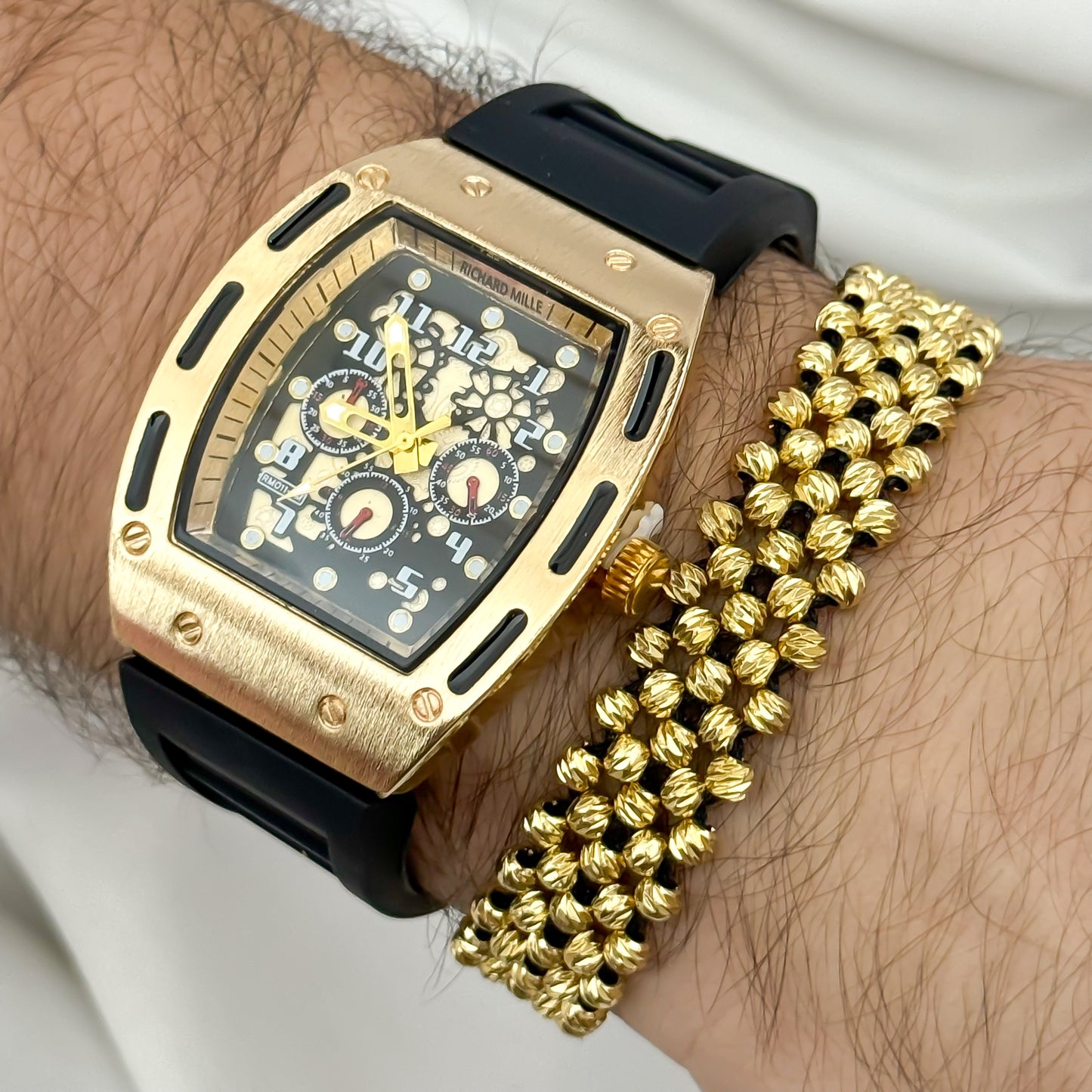 RELOJ  RICHARD MILLE EN ORO AMARILLO + PULSERA BALIN DIAMANTADO 4MM 5 CARRILES EN BAÑO DE ORO DE 18K