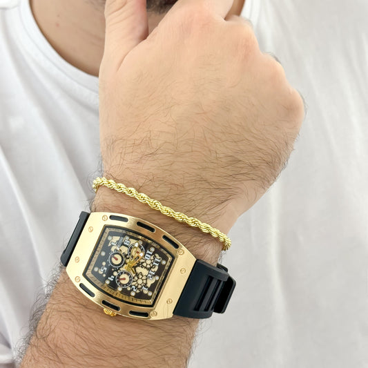 RELOJ RICHAR MILLE EN ORO AMARILLO + PULSERA LAZO SICILIANO  EN BAÑ0 DE ORO DE 18K ,